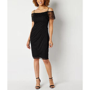 Dj jaz Black Cocktail Dress Beaded Sleeveless Formal Ruched Knee-length Size 16